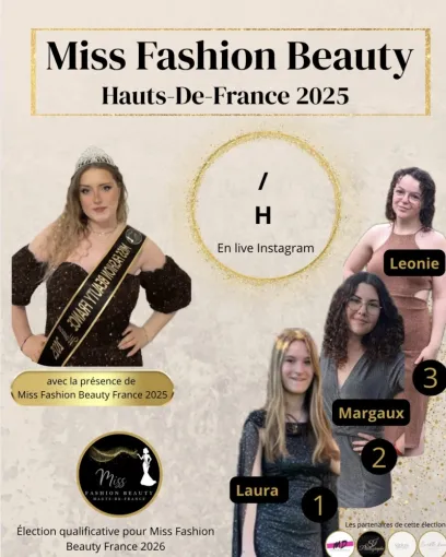 Affiche officielle de l’élection Miss Fashion Beauty Hauts-de-France 2025 : portrait raffiné d’une candidate vêtue avec élégance, sur fond rose poudré, avec les informations de l’événement – date, heure, et diffusion en direct sur Instagram