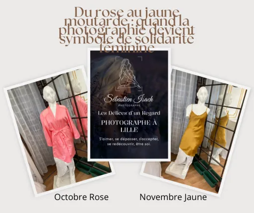 Deux vêtements féminins délicats posés sur un fond doux : un peignoir satiné rose évoquant la tendresse et la solidarité, et une nuisette jaune moutarde, éclat solaire symbolisant la force et la résilience. La lumière caresse les tissus, révélant leur texture soyeuse et invitant à la douceur et à l’intimité.